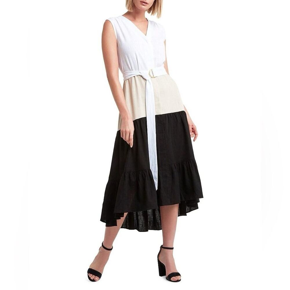 NWT Halston Women's Sleeveless V Neck Tiered Dress White Stone Black Size XL